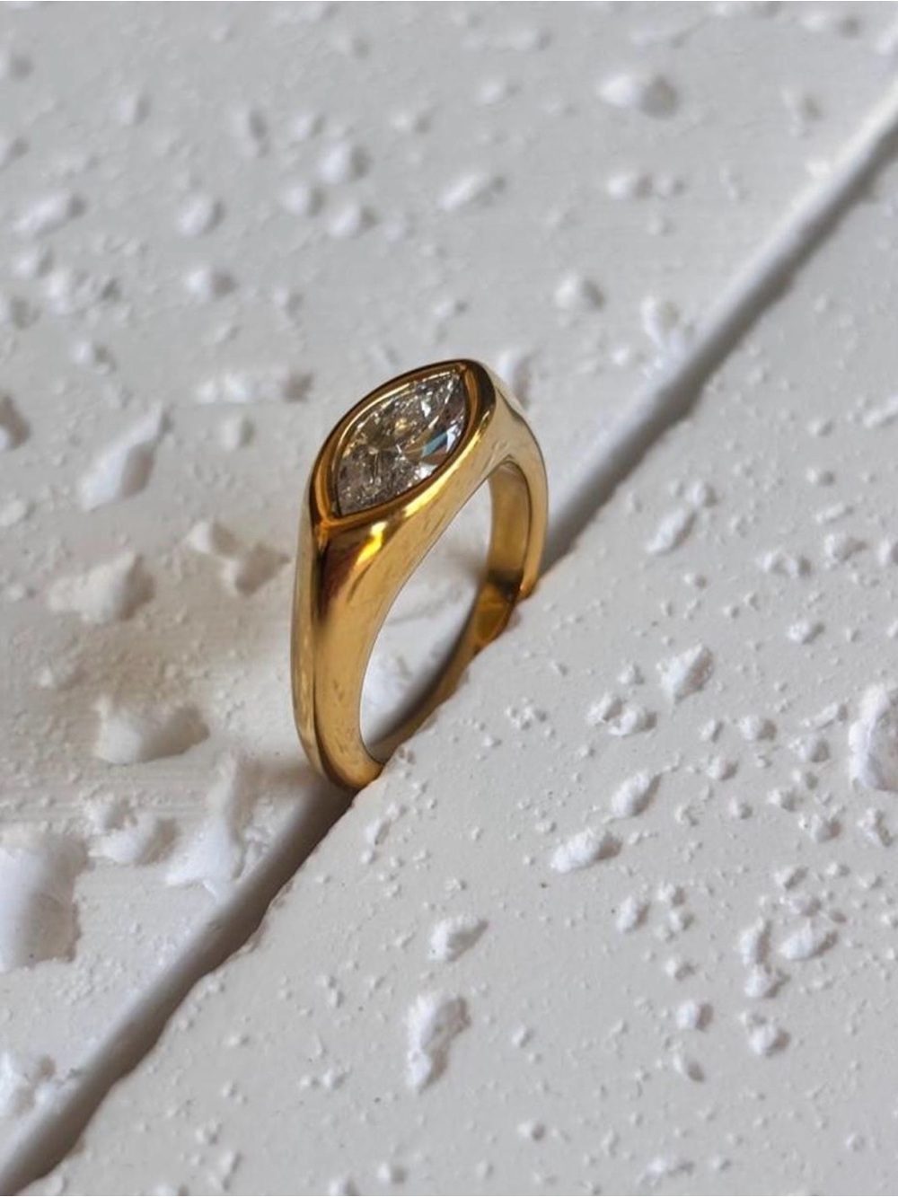 Gold Marquise-Cut Solitaire Ring with Clear Stone size 7